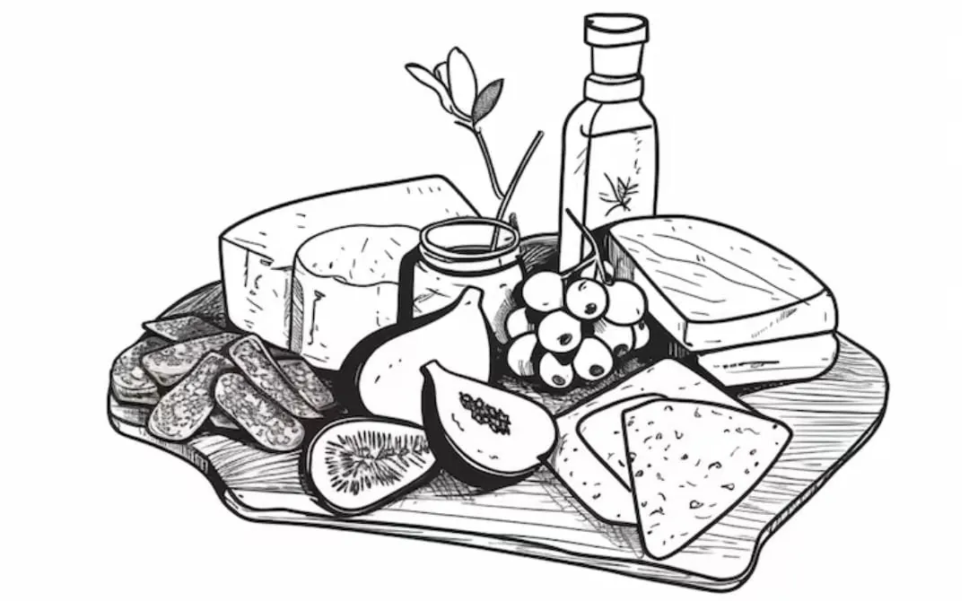 Ink drawing of a wooden board with cheese, figs, grapes, honey and an olive oil bottle